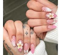 Nail Reformation Press on Nails, 3d Flower Shell Almond False Nails, Reusable Stick on Nails for Women Art(K271（30pcs）)