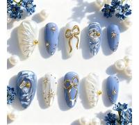 Nail Reformation Press On Nails, 3D Gold Bow Almond False Nails, Reusable Stick On Nails for Women Art(K126（24pcs）)
