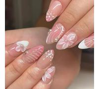 Nail Reformation Press On Nails, 3D Pearl Flower Almond False Nails, Reusable Stick On Nails for Women Art(JP4365)