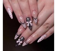 Nail Reformation Press On Nails, Black Lace Polka Almond False Nails, Reusable Stick On Nails for Women Art(JP4341)