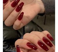 Nail Reformation Press On Nails, Burgundy Long Almond False Nails, Reusable High Gloss Stick On Nails for Women(JP954)