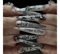 Nail Reformation Press On Nails, Gothic Code Stiletto False Nails, Reusable Metal Charm Stick On Nails for Women(JP4339)