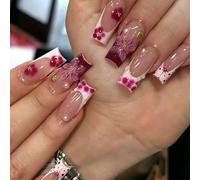 Nail Reformation Press On Nails, Pink Flower Square False Nails, Reusable Stick On Nails for Women Art(B303)