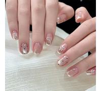 Nail Reformation Press On Nails, Pink Shimmer Bow Dot Almond False Nails, Reusable Stick On Nails for Women(JL0683)