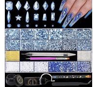Nail Rhinestones Kit 9080PCS Flatback Rhinestones for Nail Crystals Decoration Nail Hearts Multi Shapes Mix Size and Metal Beads Pearl Gold Silver with Glue Gel and Pen Brush Tweezers(Light Blue)