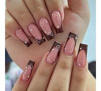 Nail Square Stick Valentine's Day Pressing on Nail Brown French Heart Design Artificial Nails for Women Girls
