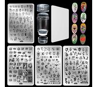 Nail Stamping Kit,4 Pcs Big Nails Stamp Plates +1 Double Sided Clear Jelly Finger Art Stamper with Scaper Set, Abstract Face Snake Constellation Black Line Design Templates Stamps Stencils