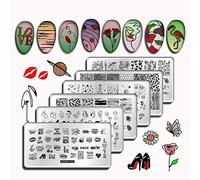 Nail Stamping Plates Set, 6 Pieces Snake Butterfly Flower Image Rectangle Nail Stamp Kit, Love Abstract Face Flamingo Design Nail Art Stamp Manicure Tools for DIY Nail Salon Decoration