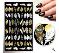 Nail Stickers Decals (5 Sheets) Feather Engraving White and Gold on Black Vintage FLONZNAIL Nail Décor