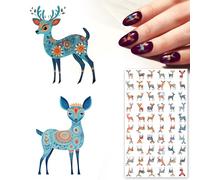 Nail Stickers Decals (5 Sheets) FLONZNAIL Cute Wild Deer Painted in Oranges and Blues Vintage Styled Nail Decor