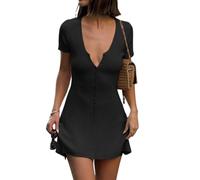 Naileksi Women Elegant Button Down A-Line Knit Mini Dress V Neck Short Sleeve Solid Fit Flare Ribbed Knit Short Dress, Black, S