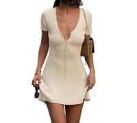 Naileksi Women Elegant Button Down A-Line Knit Mini Dress V Neck Short Sleeve Solid Fit Flare Ribbed Knit Short Dress, Apricot, S