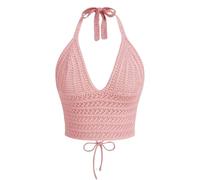 Naileksi Women Lace Up Backless Crochet Crop Halter Top Y2k Slim Fit Sleeveless V Neck Self Tie Back Knit Crop Cami Top