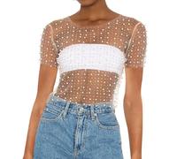 Naileksi Women Pearl Rhinestone Sheer Mesh Crop Tee Top Sexy See Through Short Sleeve Slim Fit Crop T-Shirt Club Summer, Nude, S