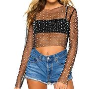 Naileksi Women Pearl Rhinestone Sheer Mesh Crop Top Sexy See Through Long Sleeve Slim Fit Cropped Blouse Shirt Clubwear, Black, M