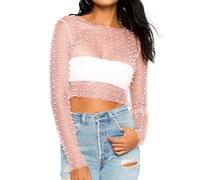 Naileksi Women Pearl Rhinestone Sheer Mesh Crop Top Sexy See Through Long Sleeve Slim Fit Cropped Blouse Shirt Clubwear, Light Pink, L
