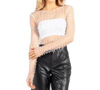 Naileksi Women Pearl Rhinestone Sheer Mesh Crop Top Sexy See Through Long Sleeve Slim Fit Cropped Blouse Shirt Clubwear, White, L