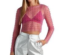 Naileksi Women Pearl Rhinestone Sheer Mesh Crop Top Sexy See Through Long Sleeve Slim Fit Cropped Blouse Shirt Clubwear, Pink Pearl, L