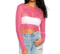 Naileksi Women Pearl Rhinestone Sheer Mesh Crop Top Sexy See Through Long Sleeve Slim Fit Cropped Blouse Shirt Clubwear, Hot Pink, L
