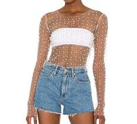 Naileksi Women Pearl Rhinestone Sheer Mesh Crop Top Sexy See Through Long Sleeve Slim Fit Cropped Blouse Shirt Clubwear, Nude, L