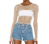 Naileksi Women Pearl Rhinestone Sheer Mesh Crop Top Sexy See Through Long Sleeve Slim Fit Cropped Blouse Shirt Clubwear, Ivory, M