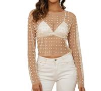 Naileksi Women Pearl Rhinestone Sheer Mesh Crop Top Sexy See Through Long Sleeve Slim Fit Cropped Blouse Shirt Clubwear, Light Brown, Large