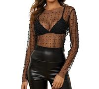 Naileksi Women Pearl Rhinestone Sheer Mesh Crop Top Sexy See Through Long Sleeve Slim Fit Cropped Blouse Shirt Clubwear, Black Pearl, M