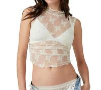 Naileksi Women Sleeveless See Through Lace Mesh Crop Top Mock Neck Ruched Side Slim Fit Floral Sheer Cropped Tank Top, Cream, S