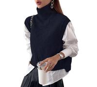 Naileksi Women Turtleneck Crop Sweater Vest Sleeveless High Neck Solid Loose Fit Knitted Causal Jumper Top Streetwear, Navy Blue, L