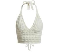 Naileksi Women V Neck Crochet Halter Crop Top Summer Solid Sleeveless Lace Up Tie Backless Knit Halter Cami Cropped Top, Beige, M