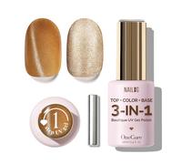NAILOG OneCure Gel Nail Polish 12ml | Top Coat Color Gel Base 3-In-1 Formula Soak Off UV Cat Eye Polish for Home DIY & Gifting | Golden Shaded
