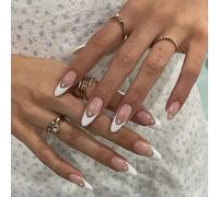 Nails French Tip - 24pcs Almond Shaped Press on Nails - 12 Sizes Medium Length Stiletto Fake Nails with Glue - Glossy Natural Full Cover White Edge Acrylic Nail for Women Girls