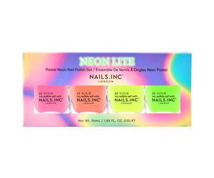 Nails Inc Neon Lite Nail Polish Quad, Neon Glow Enhancing Shades, Fast Drying, Long Lasting, Chip Resistant, Air Dry Manicure,Vegan, Cruelty Free, 4 Piece Set