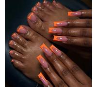 Nails Set with 24Pcs for Fingernails and 24Pcs for Toenails Orange Tip and Nude Center Square Shape Press on Nails Full Cover Style with Jelly Gel for Modern Graphic Look