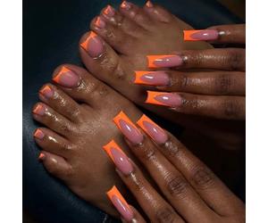 Nails Set with 24Pcs for Fingernails and 24Pcs for Toenails Orange Tip and Nude Center Square Shape Press on Nails Full Cover Style with Jelly Gel for Modern Graphic Look