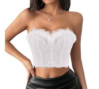 Naimo Women's Fuzzy Feather Crop Top Faux Fur Sleeveless Off Shoulder Bandeau Tube Top Lace Corset Strapless Top, White, L