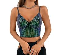 Naimo Women's Glitter Sequin Crop Top Sleeveless V-Neck Tank Tops Vest Sparkle Camisole Blouse Party Rave Tops, black green, L