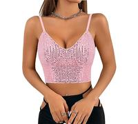 Naimo Women's Glitter Sequin Crop Top, Sleeveless V-Neck Tank Tops Vest, Sparkle Camisole Blouse, Party Rave Tops, pink, S