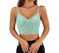 Naimo Women's Glitter Sequin Crop Top Sleeveless V-Neck Tank Tops Vest Sparkle Camisole Blouse Party Rave Tops, light green, XS