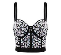 Naimo Women's Sexy Rhinestone Bustier Push Up Crop Top Corset Bra Glitter Crystal Tank Top Cami Vest Party Clubwear, black silver, S