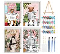 NAIMOER 4 Pack Framed Paint by Numbers Animals, for Adults Kids, DIY Animals on The Toilet Read News Painting by Numbers with Frame Wooden Holder,Art on Canvas Gifts Home Wall Decor 20x30cm