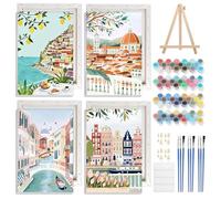 NAIMOER 4 Pack Framed Paint by Numbers City Travel for Adults Kids, DIY Easy Painting by Numbers with Frame Wooden Holder, Painting Art on Canvas Gifts Home Wall Decor 8x12in