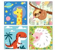 NAIMOER 4 Pack Framed Paint by Numbers Cute Animals for Adults Kids, DIY Cartoon Painting by Numbers Giraffes Dinosaurs for Boys Girls, Art on Canvas Gifts Home Wall Decor 8x8in