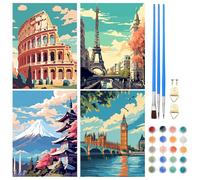 NAIMOER 4 Pack Painting by Numbers City Landscape, Paint by Numbers Kits for Adults Kids, DIY Acrylic Oil Painting with All Tools for Home Wall Decor Gifts 30x40cm (Famous Scenery)