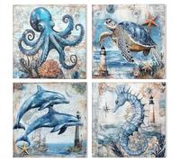 NAIMOER 4 Pack Summer Animals Paint by Numbers Kits for Adults with Frame, DIY Paint by Numbers for Beginners Marine Animals, Painting by Numbers on Canvas Gifts for Home Decor 20x20cm