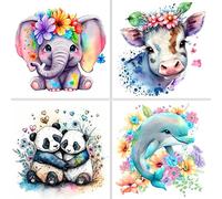 NAIMOER 4Pack Diamond Painting Kits for Adults, Full Drill Round 5D Cute Animal Diamond Dots Cow Panda Diamond Art Kits for Home Decor 35x35cm