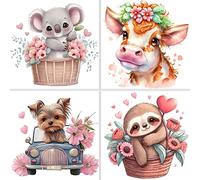 NAIMOER 4Pack Diamond Painting Kits for Adults, Full Drill Round Cute Animals Diamond Painting Kits, DIY 5D Diamond Dots Cow Dog Diamond Art Kits for Home Decor 35x35cm