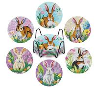 NAIMOER 6Pcs Bunny Diamond Art Coasters, DIY Easter Diamond Painting Coasters with Holder Cork Pad Kits for Adults Gifts Home