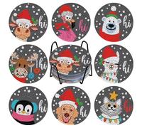 NAIMOER 8 Pcs Happy New Year Diamond Art Coasters with Holder Cork Pad, DIY Christmas Diamond Painting Coasters Winter Animals Kits for Adults, Table Decoration Gifts for Home