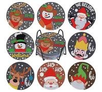 NAIMOER 8 Pcs Happy New Year Diamond Art Coasters with Holder Cork Pad, DIY Christmas Diamond Painting Coasters Winter Theme Kits for Adults, Table Decoration Gifts for Home